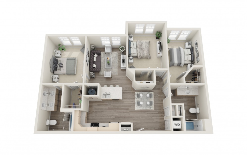 Fripp - 3 bedroom floorplan layout with 2 baths and 1265 square feet.